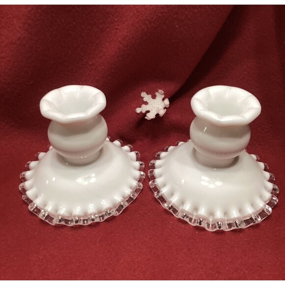 2 Vintage Fenton Milk Glass Silver Crest Ruffled Candle Holders 1950 - Picture 1 of 11